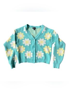 Art Class Girls Daisy Cardigan Sweater Teal Floral Button Front Size M (8)